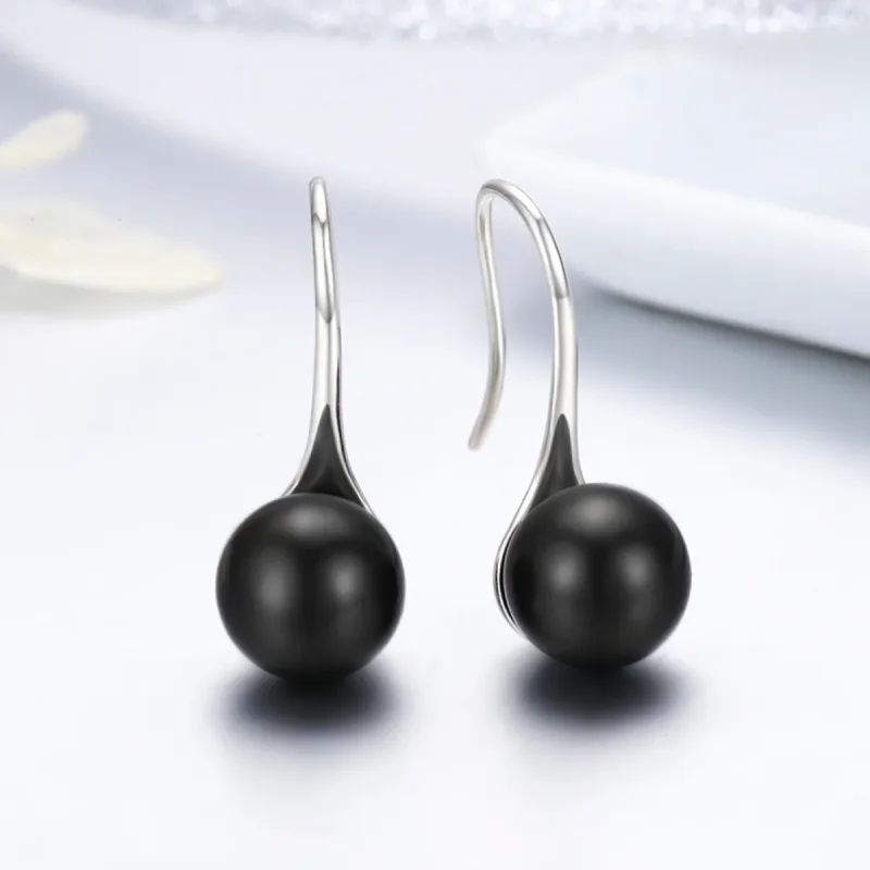 (image for) Silver Black Pearl Hanging Earrings - PANDORA Style - SCE144 - View 4