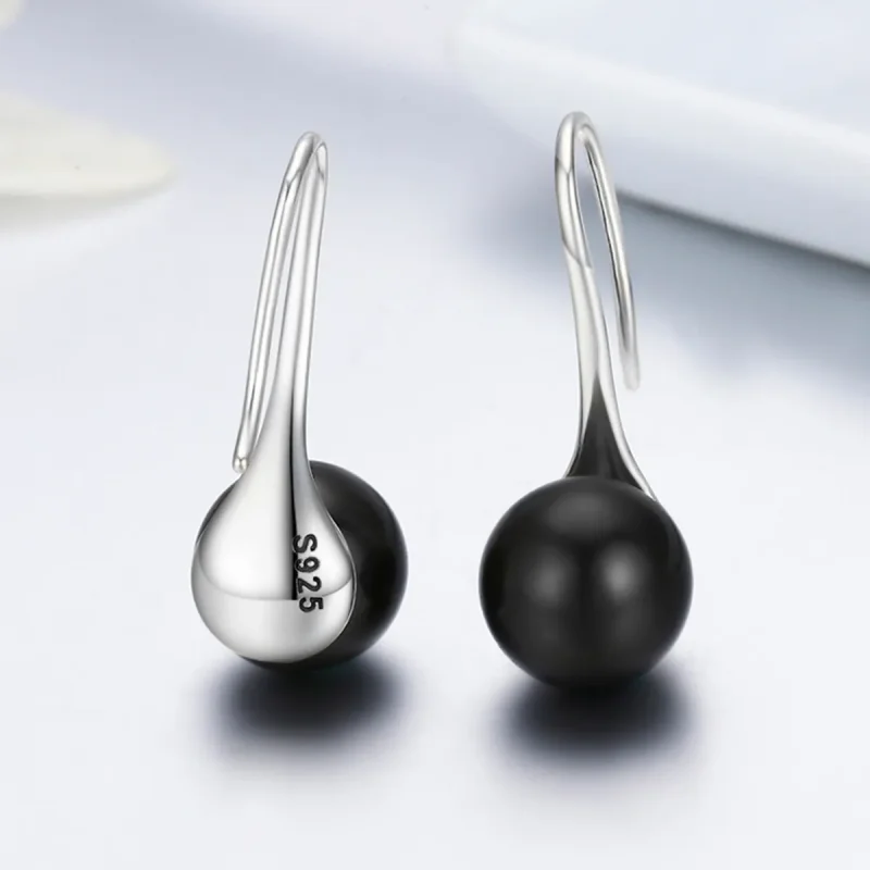 (image for) Silver Black Pearl Hanging Earrings - PANDORA Style - SCE144 - View 5