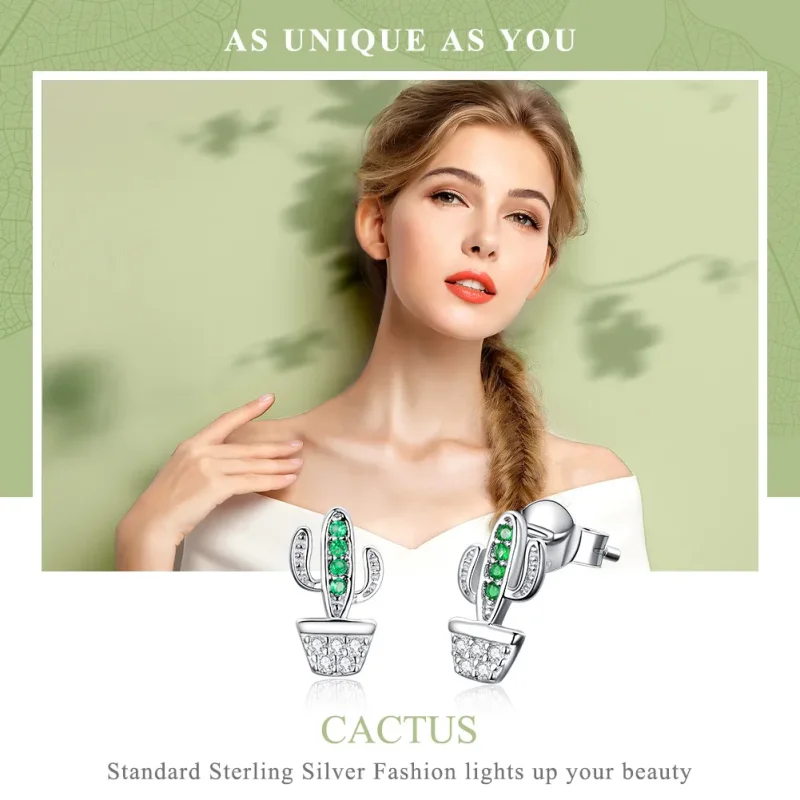 (image for) Silver Cactus Stud Earrings - PANDORA Style - SCE522 - View 2