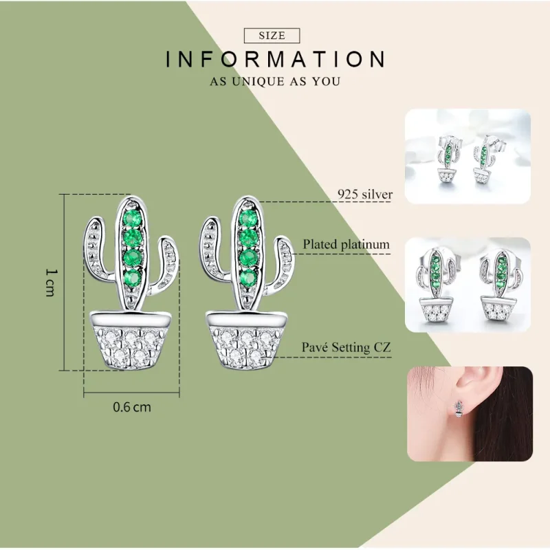 (image for) Silver Cactus Stud Earrings - PANDORA Style - SCE522 - View 3