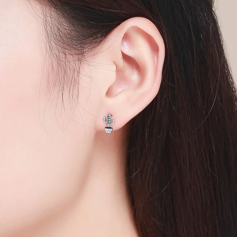 (image for) Silver Cactus Stud Earrings - PANDORA Style - SCE522 - View 4