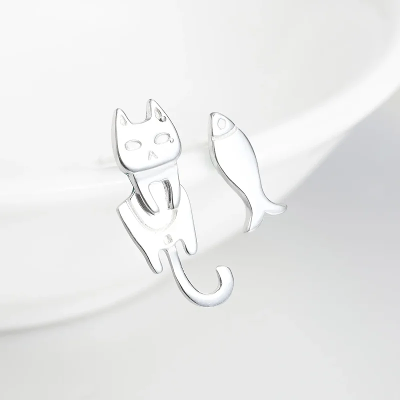 (image for) Silver Cat and Fish Stud Earrings - PANDORA Style - SCE488 - View 2