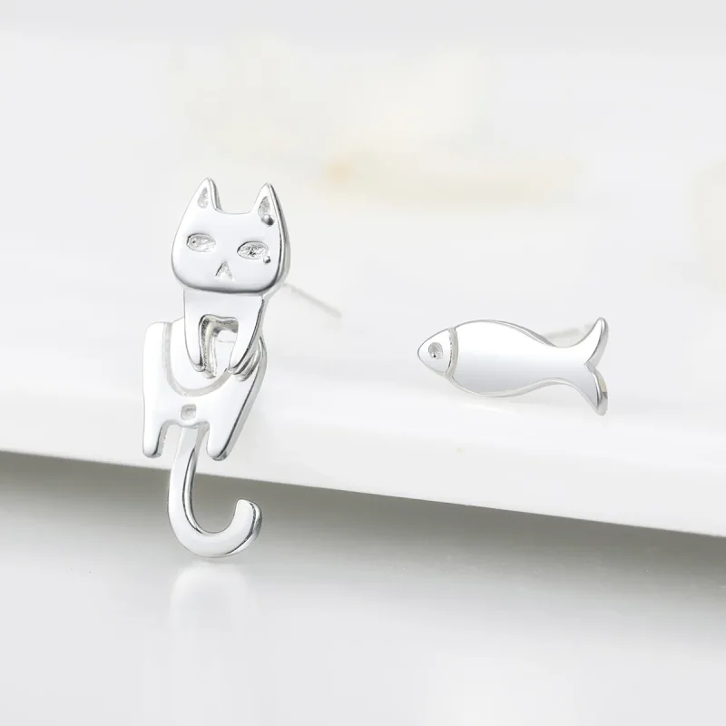(image for) Silver Cat and Fish Stud Earrings - PANDORA Style - SCE488 - View 3