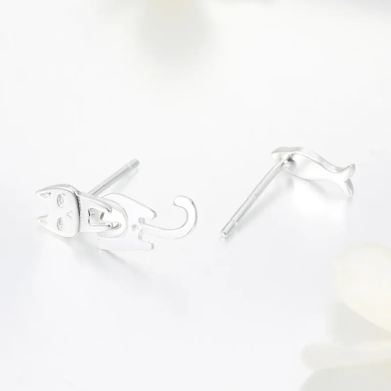 (image for) Silver Cat and Fish Stud Earrings - PANDORA Style - SCE488 - View 4