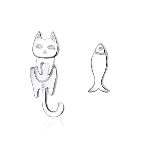 (image for) Silver Cat and Fish Stud Earrings - PANDORA Style - SCE488