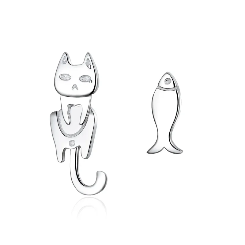 (image for) Silver Cat and Fish Stud Earrings - PANDORA Style - SCE488 - Product Image