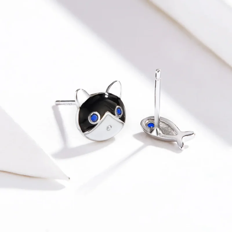 (image for) Silver Cat and Fish Stud Earrings - PANDORA Style - SCE623 - View 3