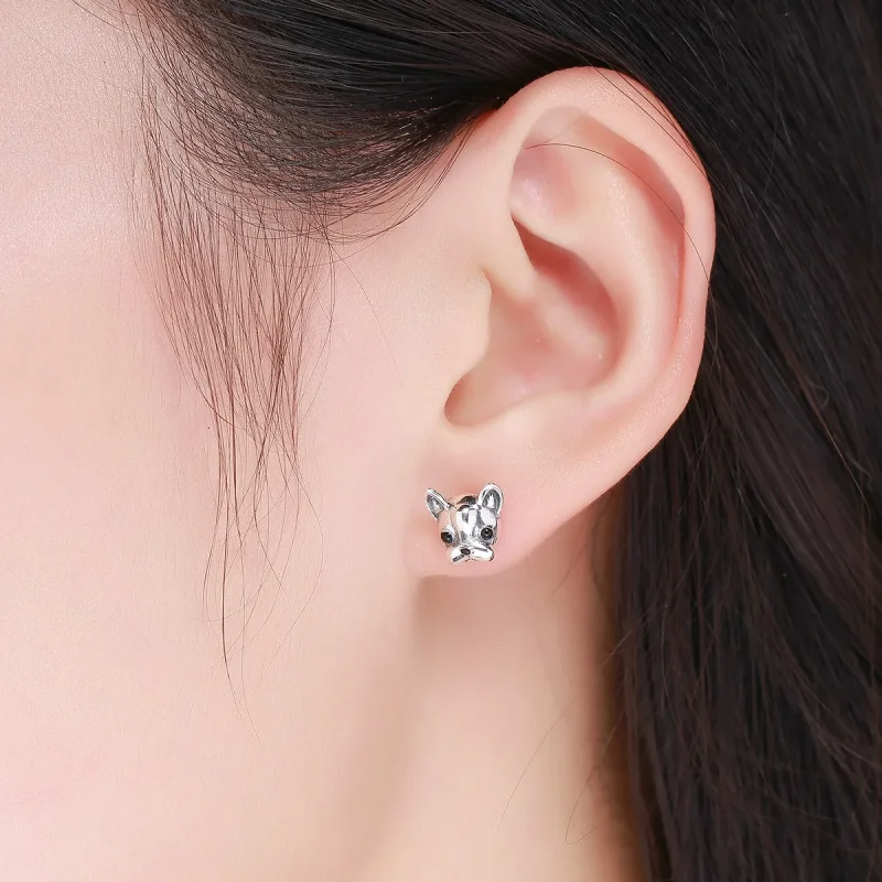 (image for) Silver Cute Bulldog Stud Earrings - PANDORA Style - SCE283 - View 8