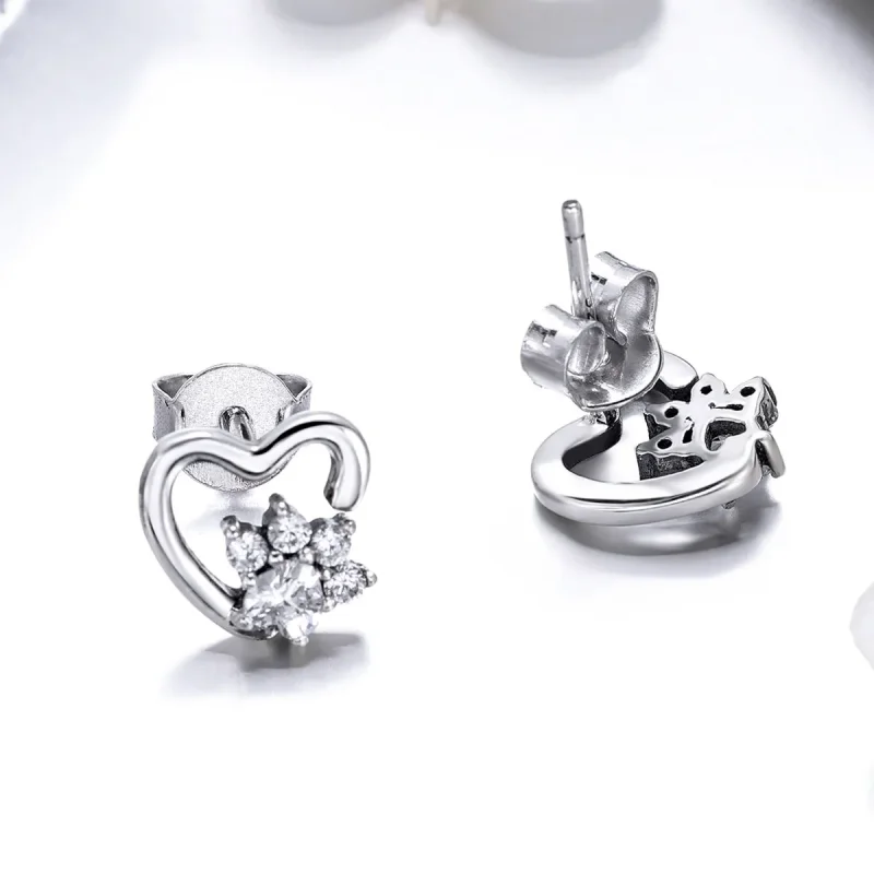 (image for) Silver Cute Cat Paw Stud Earrings - PANDORA Style - SCE415 - View 3