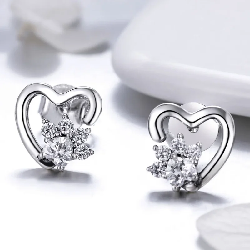 (image for) Silver Cute Cat Paw Stud Earrings - PANDORA Style - SCE415 - View 4
