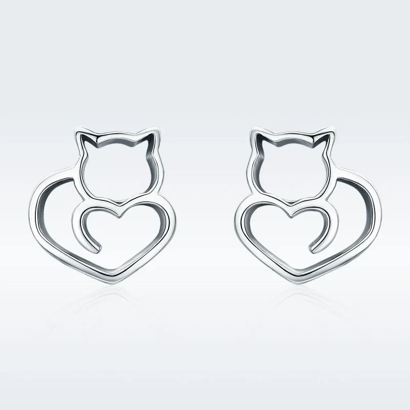(image for) Silver Cute Cat Stud Earrings - PANDORA Style - SCE271 - View 2