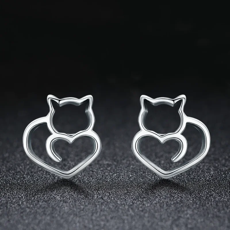 (image for) Silver Cute Cat Stud Earrings - PANDORA Style - SCE271 - View 3