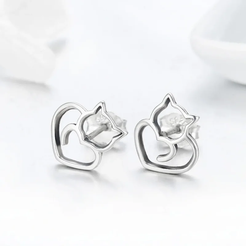 (image for) Silver Cute Cat Stud Earrings - PANDORA Style - SCE271 - View 4