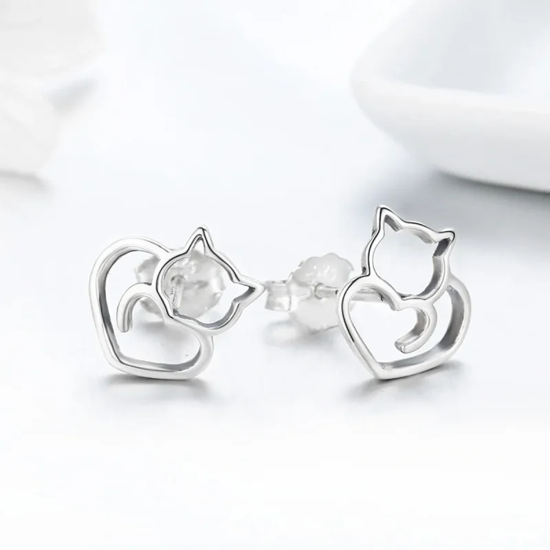 (image for) Silver Cute Cat Stud Earrings - PANDORA Style - SCE271 - View 5