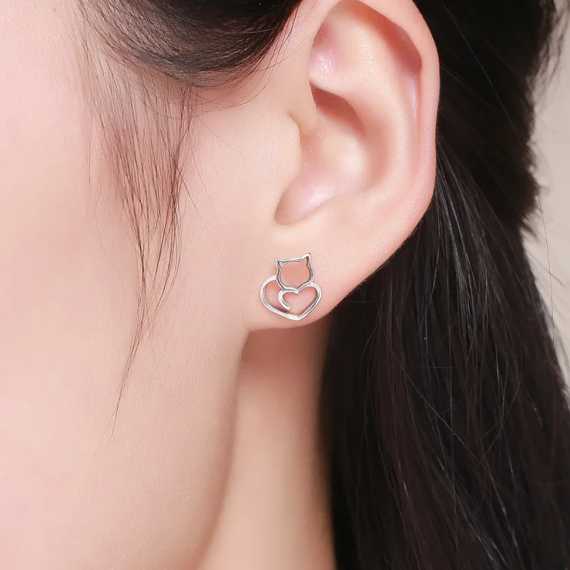 (image for) Silver Cute Cat Stud Earrings - PANDORA Style - SCE271 - View 7
