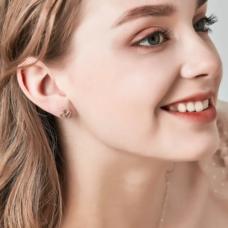 (image for) Silver Cute Cat Stud Earrings - PANDORA Style - SCE271 - View 8