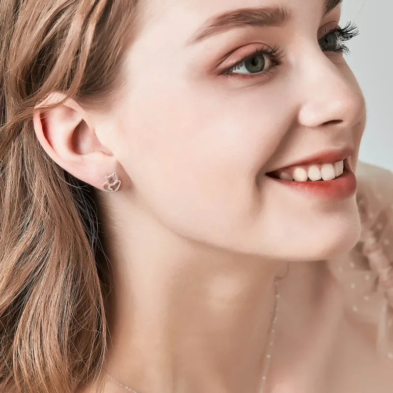 (image for) Silver Cute Cat Stud Earrings - PANDORA Style - SCE271 - View 9