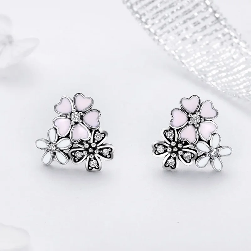 (image for) Silver Daisies and Cherry Blossoms Stud Earrings - PANDORA Style - SCE400 - View 2