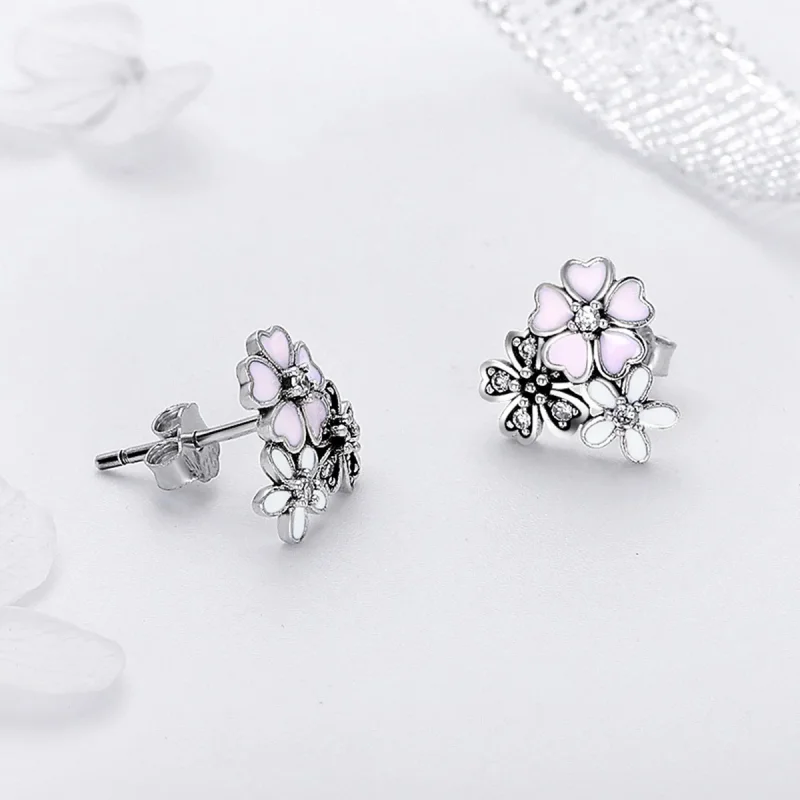 (image for) Silver Daisies and Cherry Blossoms Stud Earrings - PANDORA Style - SCE400 - View 3