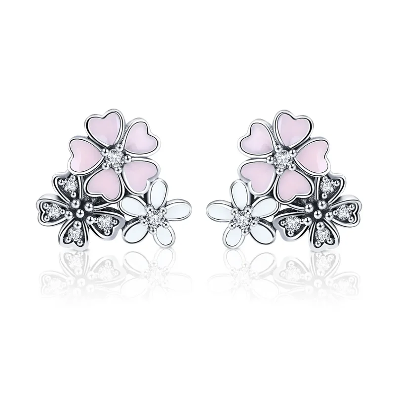 (image for) Silver Daisies and Cherry Blossoms Stud Earrings - PANDORA Style - SCE400 - Product Image