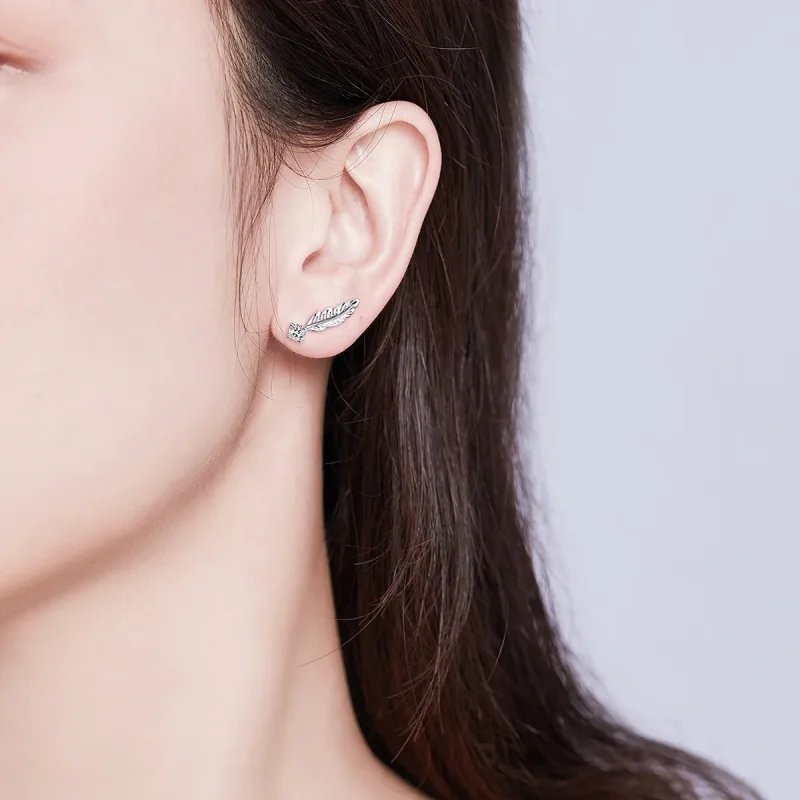 (image for) Silver Feather Stud Earrings - PANDORA Style - SCE610 - View 5
