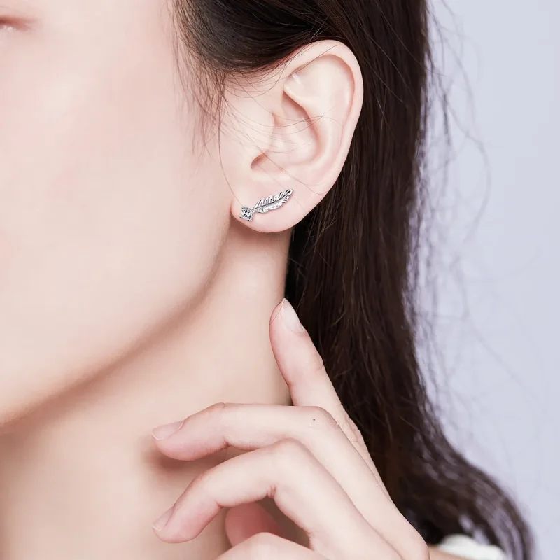 (image for) Silver Feather Stud Earrings - PANDORA Style - SCE610 - View 6