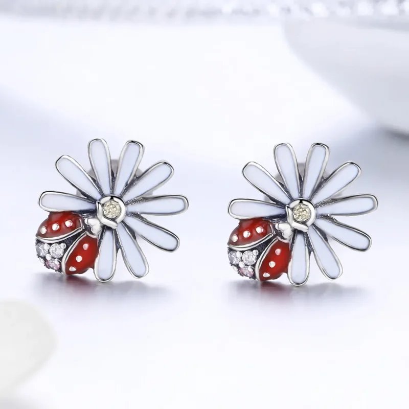 (image for) Silver Flower & Ladybug Stud Earrings - PANDORA Style - SCE459 - View 2