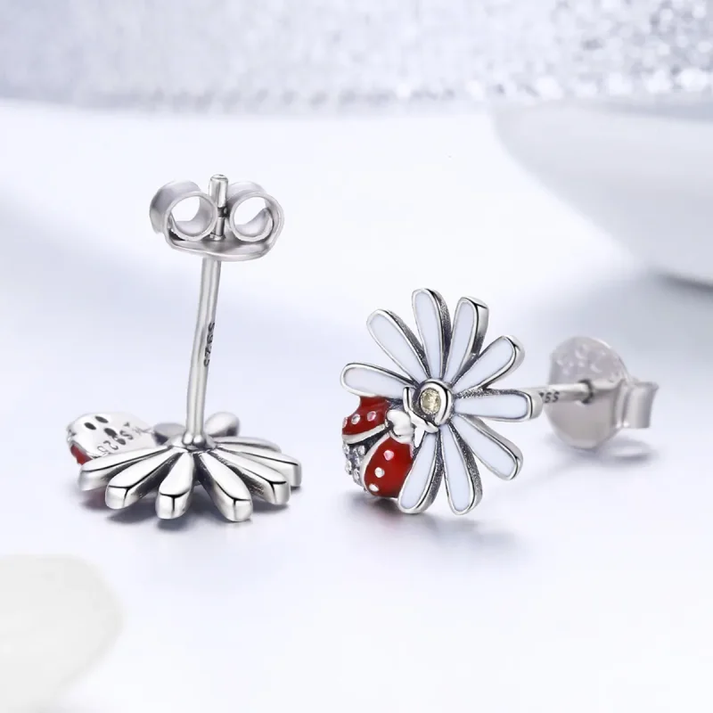 (image for) Silver Flower & Ladybug Stud Earrings - PANDORA Style - SCE459 - View 3