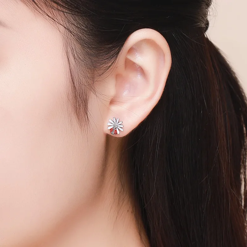 (image for) Silver Flower & Ladybug Stud Earrings - PANDORA Style - SCE459 - View 4