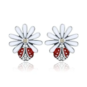 (image for) Silver Flower & Ladybug Stud Earrings - PANDORA Style - SCE459