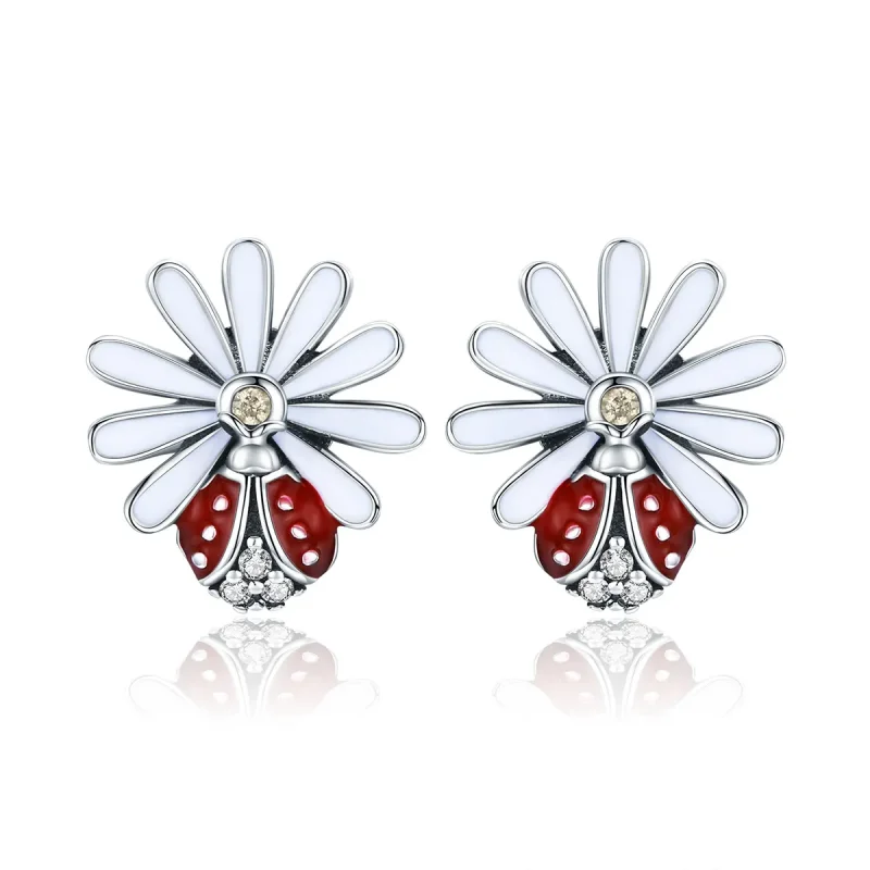 (image for) Silver Flower & Ladybug Stud Earrings - PANDORA Style - SCE459 - Product Image