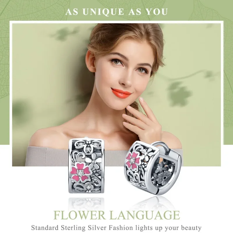 (image for) Silver Flower Language Stud Earrings - PANDORA Style - SCE541 - View 2