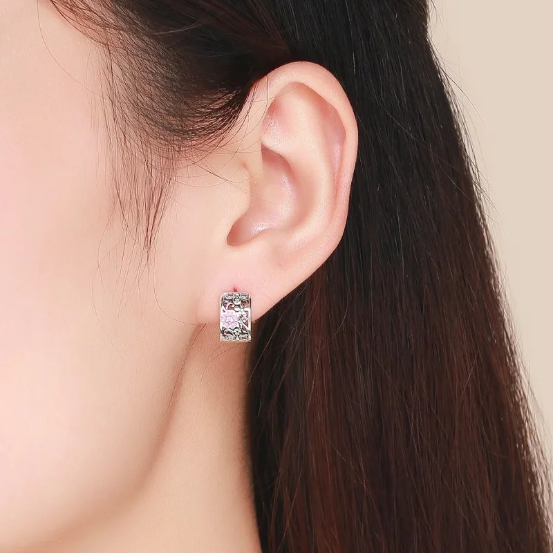 (image for) Silver Flower Language Stud Earrings - PANDORA Style - SCE541 - View 4