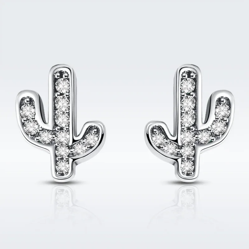 (image for) Silver Fresh Cactus Stud Earrings - PANDORA Style - SCE286 - View 3