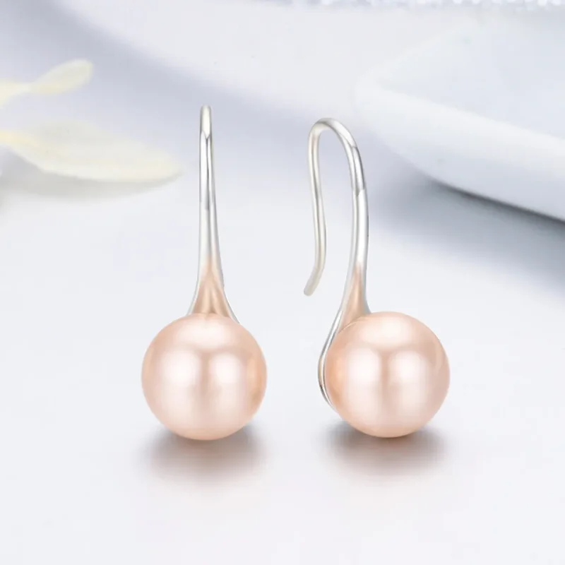 (image for) Silver Golden Pearl Hanging Earrings - PANDORA Style - SCE146 - View 4
