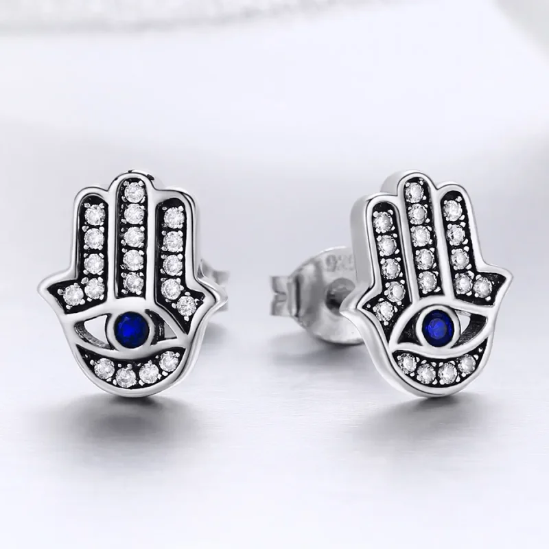 (image for) Silver Hamsa Hand Stud Earrings - PANDORA Style - SCE389 - View 2