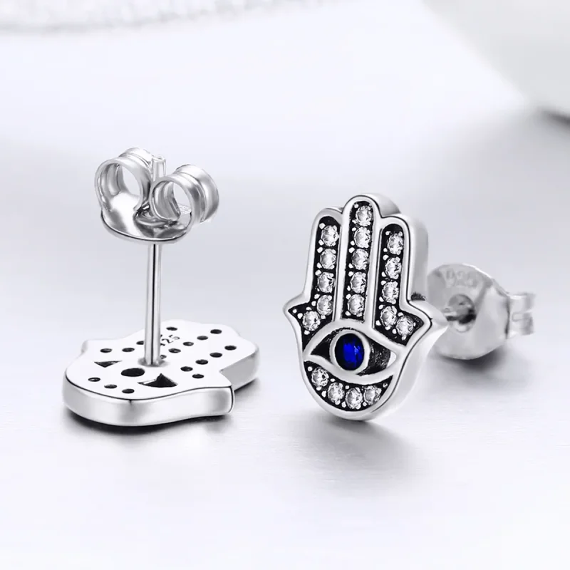 (image for) Silver Hamsa Hand Stud Earrings - PANDORA Style - SCE389 - View 3