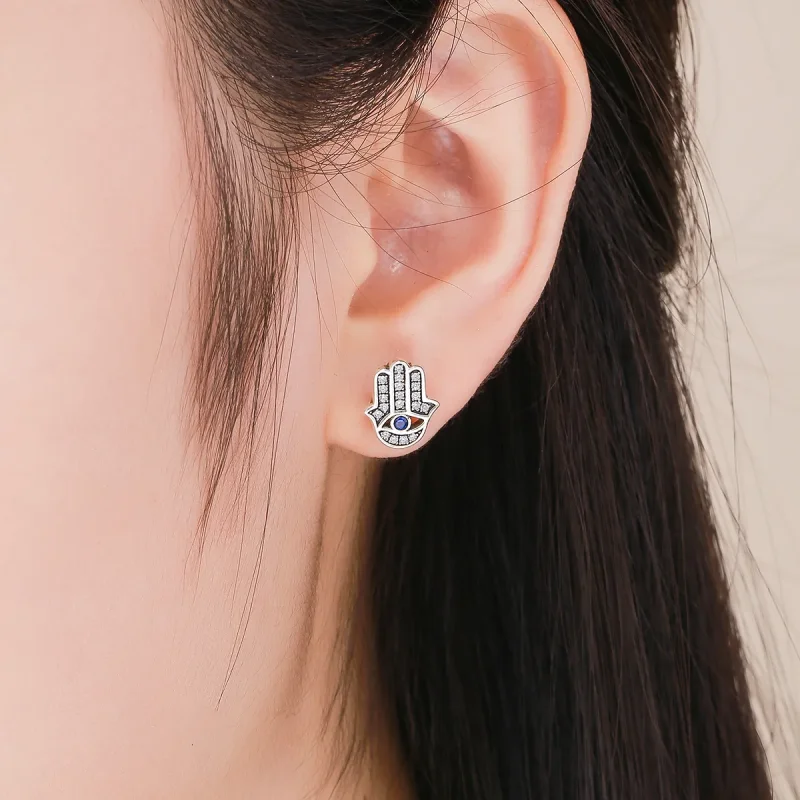 (image for) Silver Hamsa Hand Stud Earrings - PANDORA Style - SCE389 - View 4