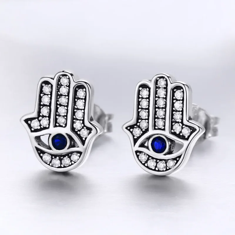 (image for) Silver Hamsa Hand Stud Earrings - PANDORA Style - SCE389 - View 5
