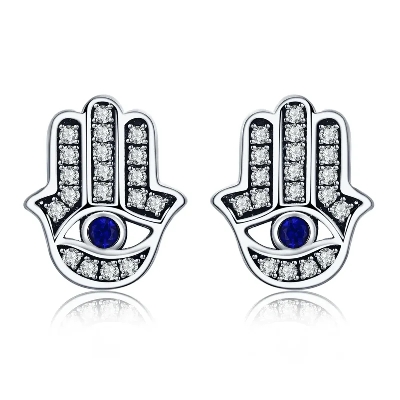 (image for) Silver Hamsa Hand Stud Earrings - PANDORA Style - SCE389 - Product Image