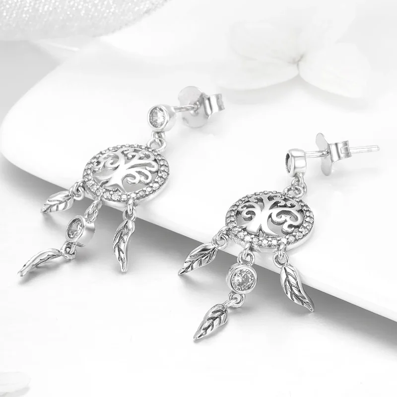 (image for) Silver Life Tree & Dream Catcher Hanging Earrings - PANDORA Style - SCE457 - View 2