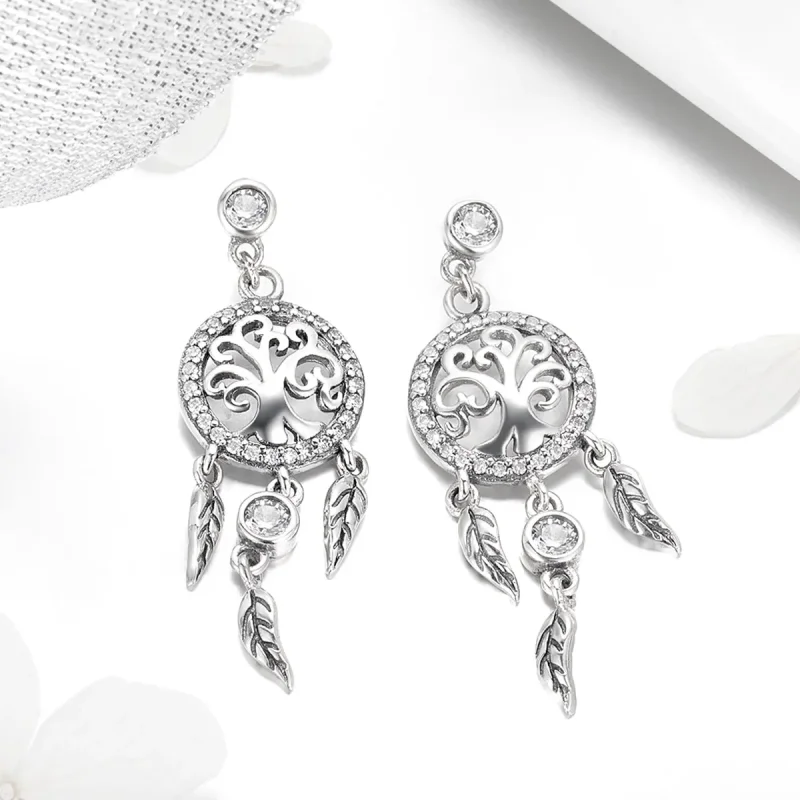 (image for) Silver Life Tree & Dream Catcher Hanging Earrings - PANDORA Style - SCE457 - View 3