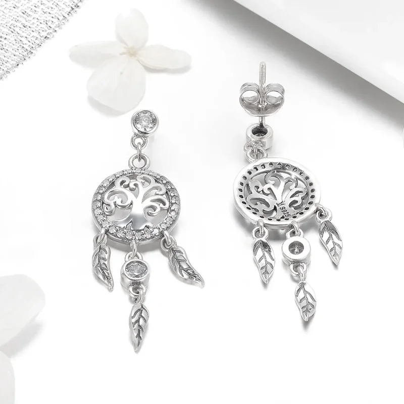 (image for) Silver Life Tree & Dream Catcher Hanging Earrings - PANDORA Style - SCE457 - View 4