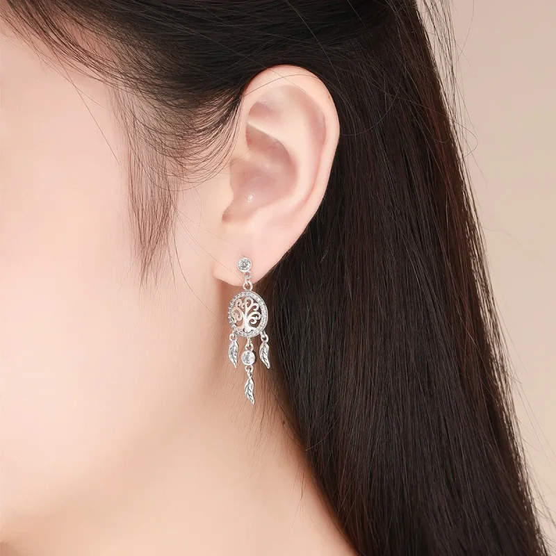 (image for) Silver Life Tree & Dream Catcher Hanging Earrings - PANDORA Style - SCE457 - View 5