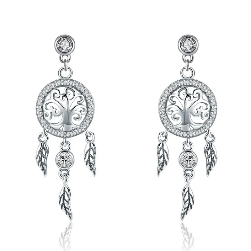(image for) Silver Life Tree & Dream Catcher Hanging Earrings - PANDORA Style - SCE457 - Product Image