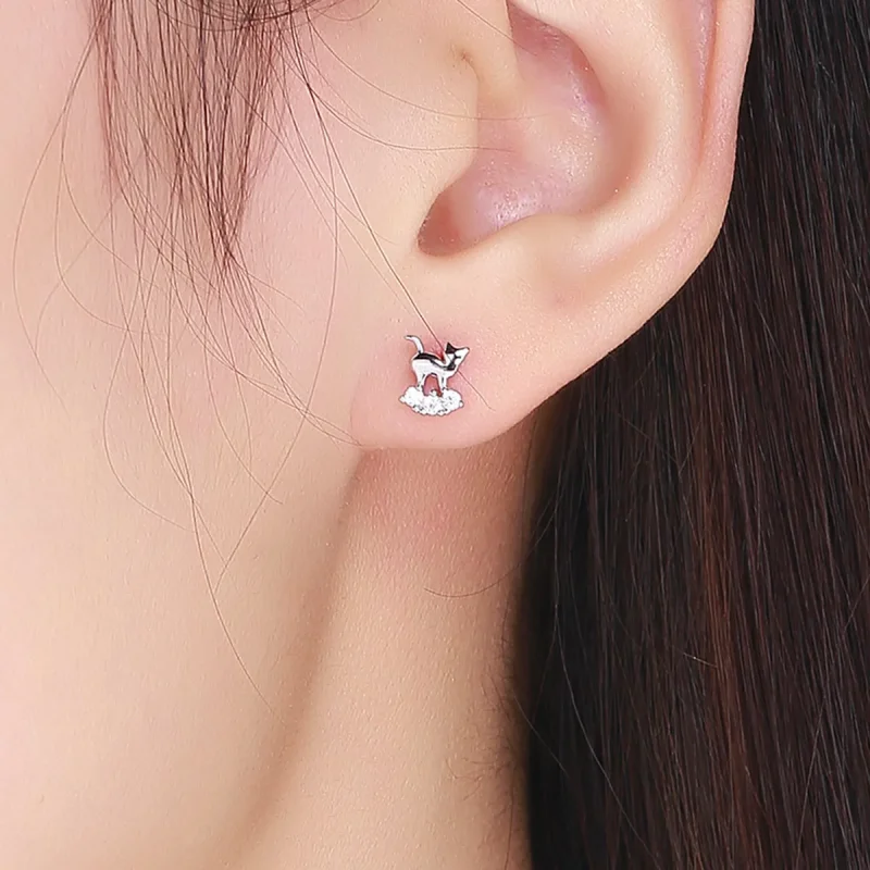 (image for) Silver Meow Star Stud Earrings - PANDORA Style - SCE537 - View 4