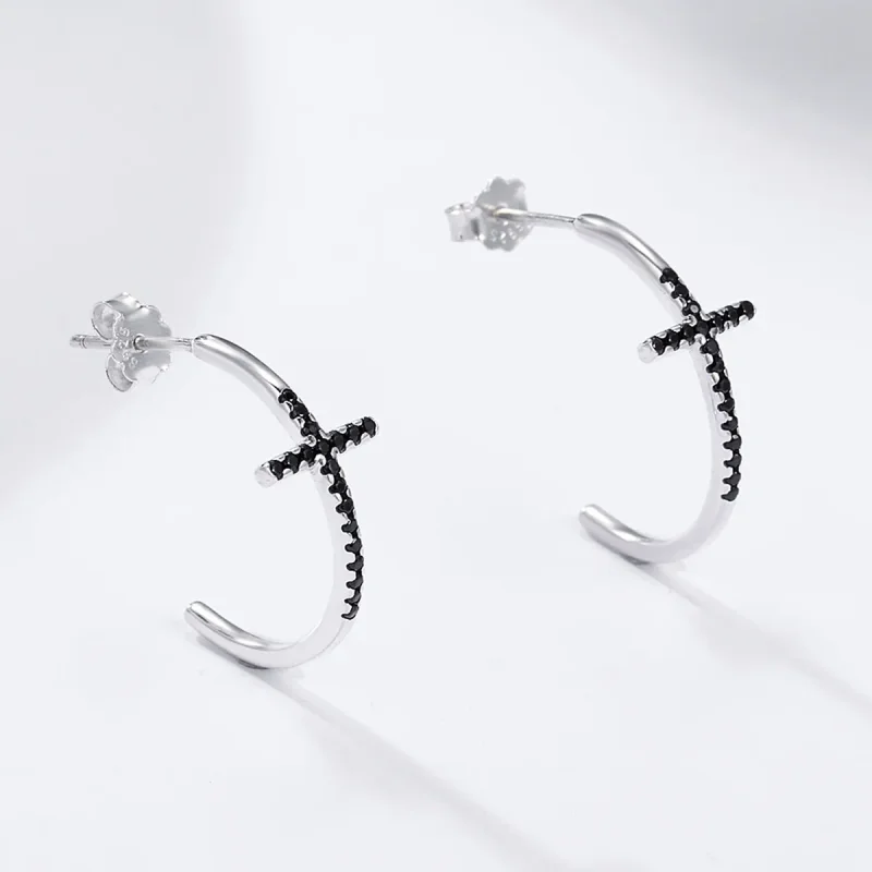 (image for) Silver Modern Cross Hanging Earrings - PANDORA Style - SCE262 - View 3