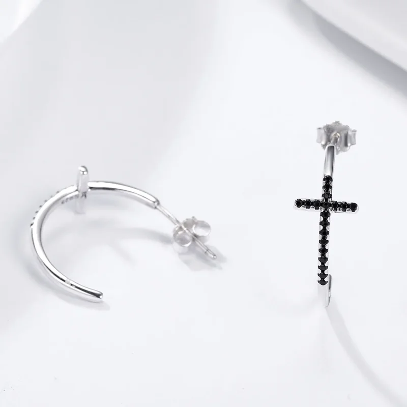 (image for) Silver Modern Cross Hanging Earrings - PANDORA Style - SCE262 - View 4