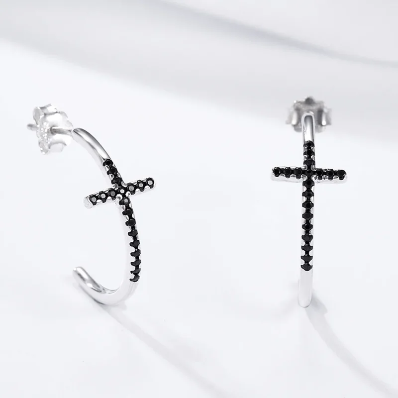 (image for) Silver Modern Cross Hanging Earrings - PANDORA Style - SCE262 - View 5