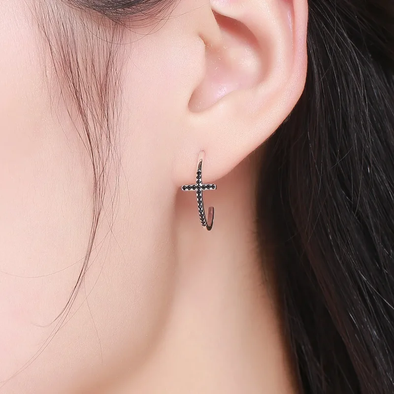 (image for) Silver Modern Cross Hanging Earrings - PANDORA Style - SCE262 - View 6
